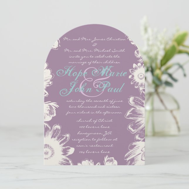 Deep Grape & Aqua Flower Wedding Invitation (Standing Front)