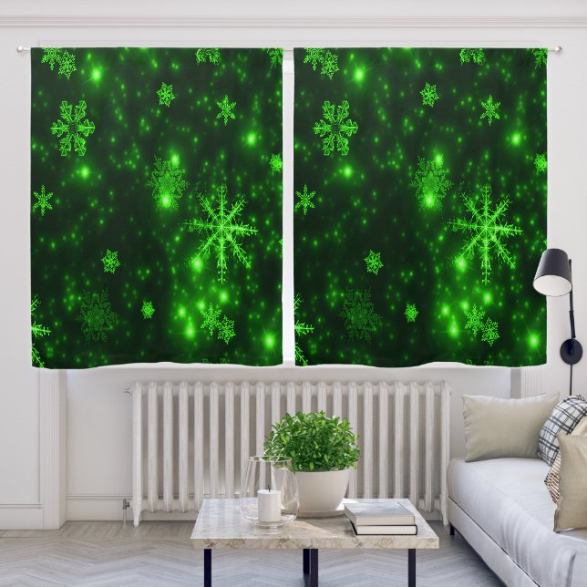 Deep Green and Bright Snowflakes Winter Holiday Blackout Curtains (Living Room)