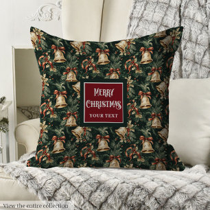 Deep green and gold Christmas bells holly berry Throw Pillow