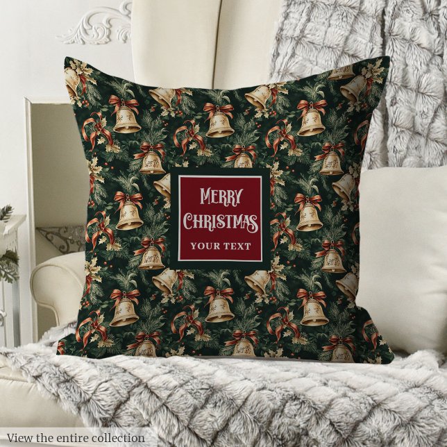 Deep green and gold Christmas bells holly berry Throw Pillow (Deep green and gold Christmas bells holly berry Throw Pillow )