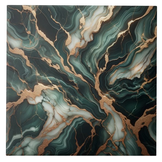 Deep Green and Ivory Flowing Marble Effect Ceramic Tile (Front)