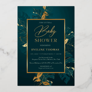  Deep green and real gold foil baby shower Invitation