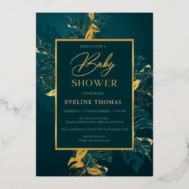  Deep green and real gold foil baby shower Invitation (Front)