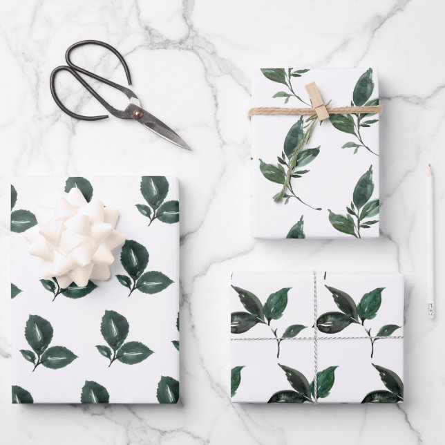 Deep Green And White Leaf  Wrapping Paper Sheets (Front)