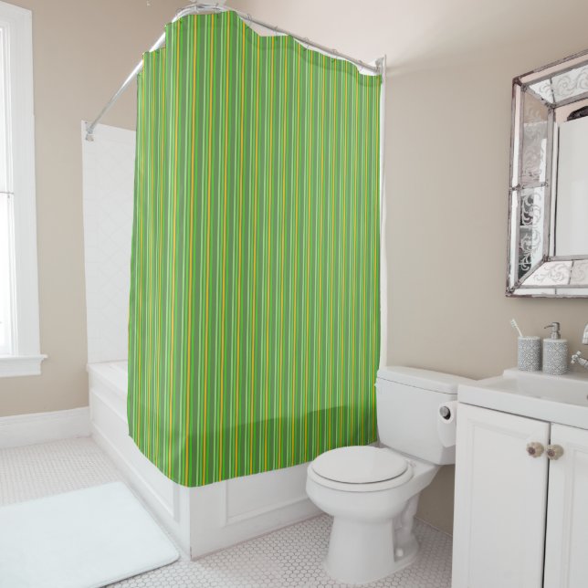Deep Green And Yellow Stripes Shower Curtain (In Situ)