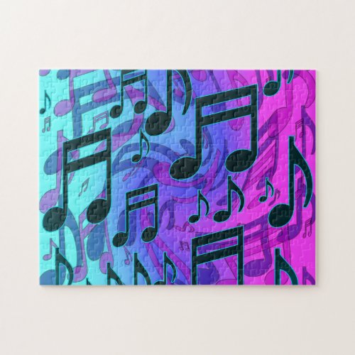 Deep Green Blue Music Notes Swirly Musical Pattern Jigsaw Puzzle