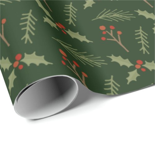 Deep Green Botanical Berries Gift Wrap