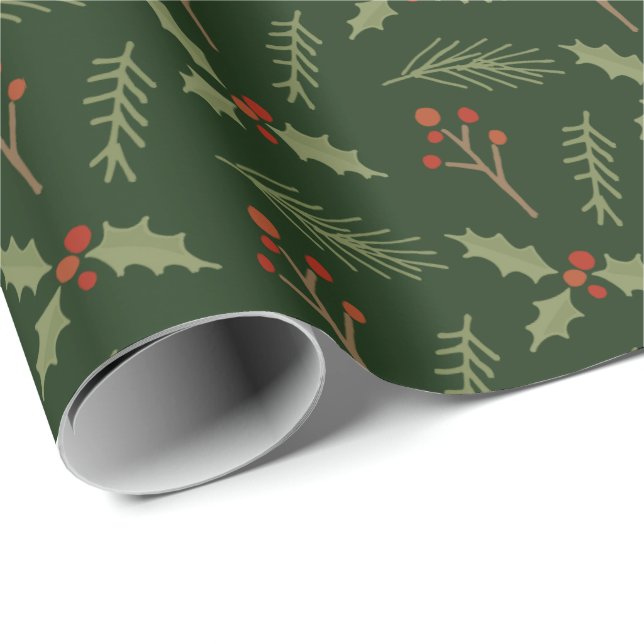 Deep Green Botanical Berries Gift Wrap (Roll Corner)