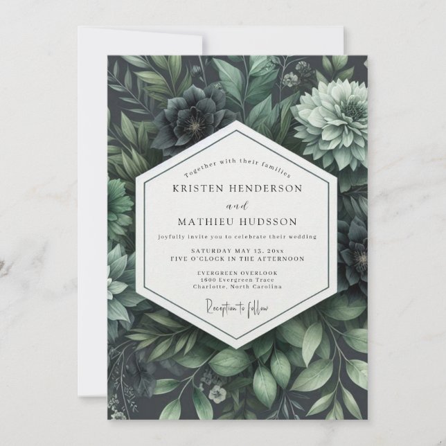 Deep Green Botanical Bloom Wedding Invitation (Front)