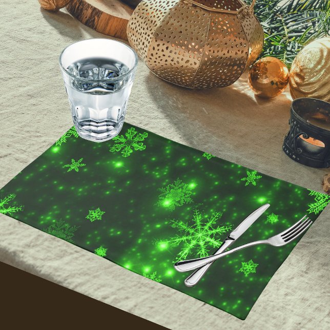 Deep Green & Bright Snowflakes Woven Cotton Cloth Placemat (Deep Green & Bright Snowflakes Woven Cotton Cloth Placemat)
