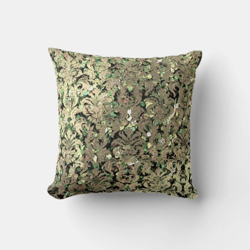 Deep Green Damask Pink Rose Blush Sequin Faux Gold Throw Pillow