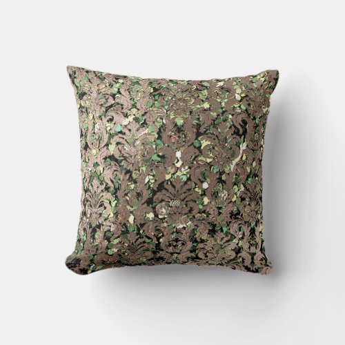 Deep Green Damask Skinny Glas Blush Sequin Bronze Throw Pillow