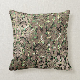 Deep Green Damask Skinny Glas Blush Sequin Bronze Throw Pillow