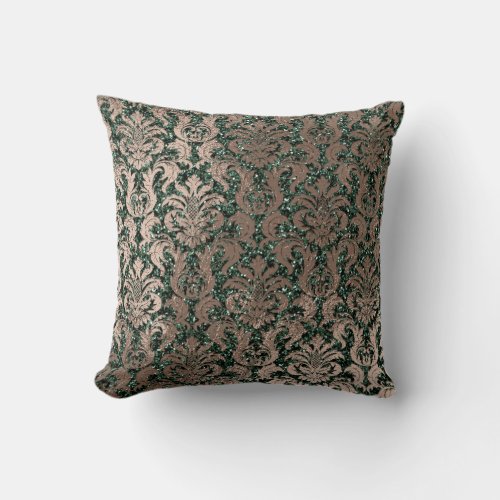 Deep Green Damask Skinny Glass Glitter Metal Beige Throw Pillow
