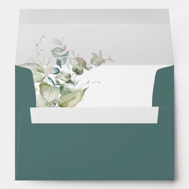 Deep Green, Elegant Eucalyptus Greenery Wedding Envelope (Back (Bottom))