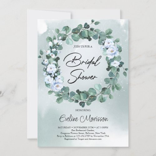 Deep green eucalyptus wreath dusty blue flowers invitation