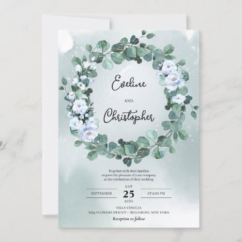 Deep green eucalyptus wreath dusty blue flowers invitation