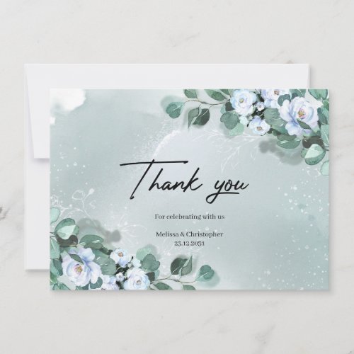 Deep green eucalyptus wreath dusty blue flowers thank you card