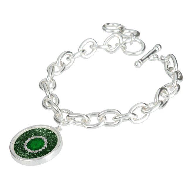 Deep Green Faux Glitter Emerald & Diamonds Charm Bracelet (Side)
