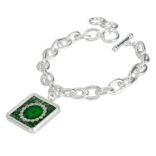 Deep Green Faux Glitter Emerald & Diamonds Charm Bracelet