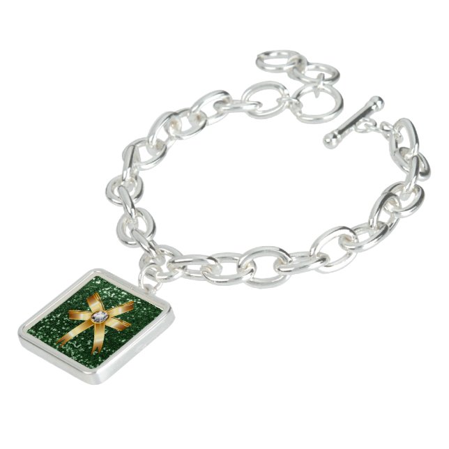Deep Green Faux Glitter Gold Diamond Bow Charm Bracelet (Side)