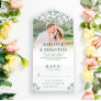 Deep Green Floral Line Art Photo Wedding All In One Invitation