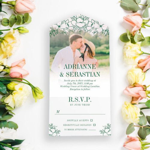 Deep Green Floral Line Art Photo Wedding All In One Invitation