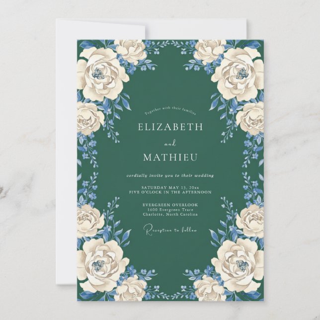 Deep Green Floral Wreath Wedding Invitation (Front)
