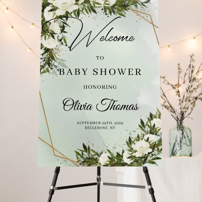 Deep green foliage white roses gold baby shower foam board (In Situ (Stand))