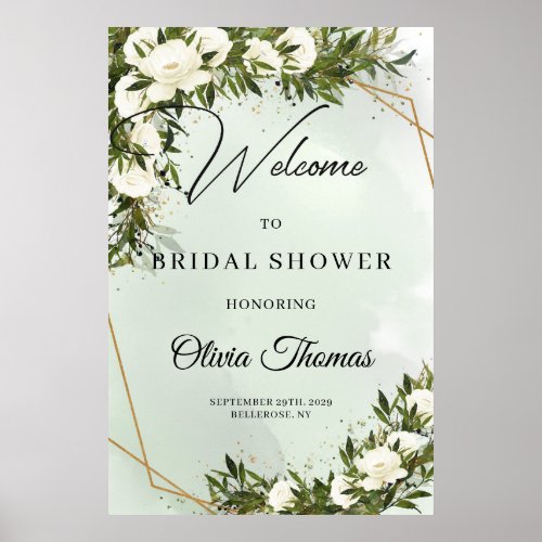 Deep green foliage white roses gold bridal shower  poster
