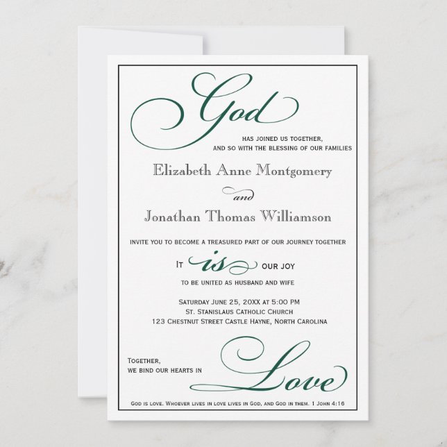 Deep Green God is Love Christian Wedding Invitation (Front)