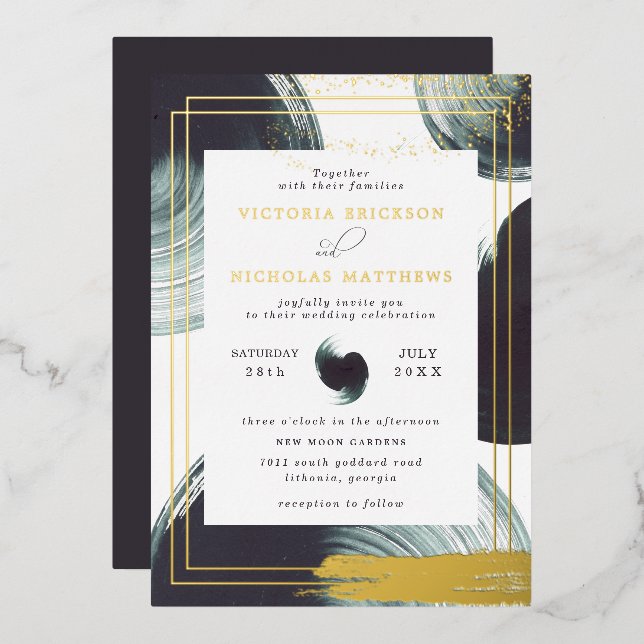 Deep Green Gold Abstract Boho Wedding Invitation Foil Invitation (Front/Back)