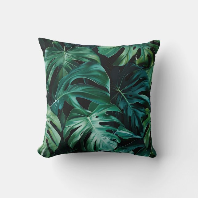 Deep green jungle monstera leaves exotic flora throw pillow (Front)