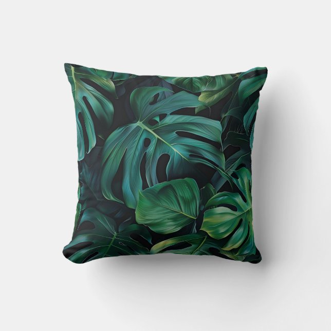 Deep green jungle monstera leaves exotic flora throw pillow (Front)