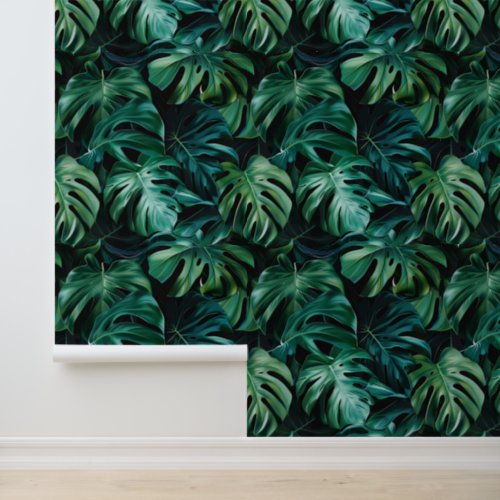 Deep green jungle monstera leaves exotic flora wallpaper 