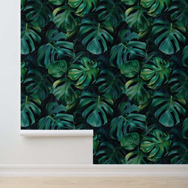 Deep green jungle monstera leaves exotic flora wallpaper  (Application)