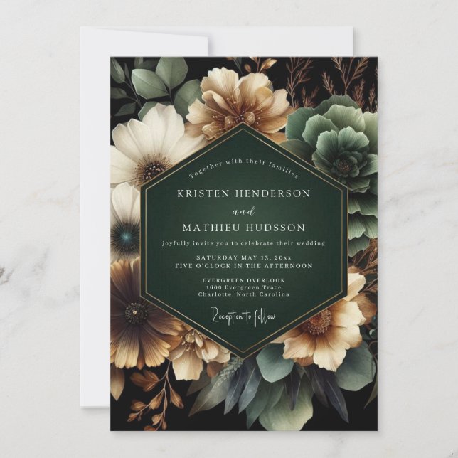 Deep Green Moody Bloom Wedding Invitation (Front)