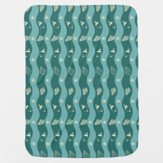 Deep Green Ocean Waves & Seashells Seamless Patter Baby Blanket