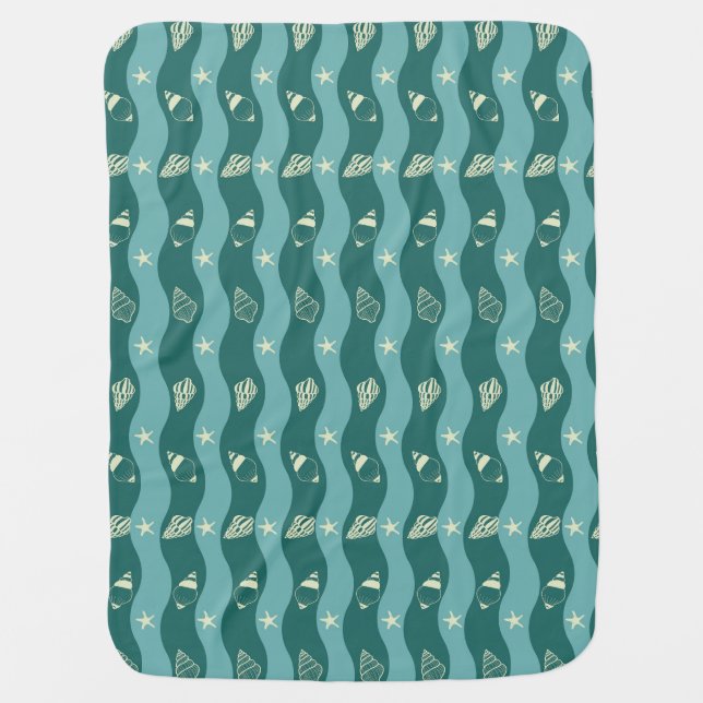 Deep Green Ocean Waves & Seashells Seamless Patter Baby Blanket (Front)