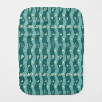 Deep Green Ocean Waves & Seashells Seamless Patter Baby Burp Cloth