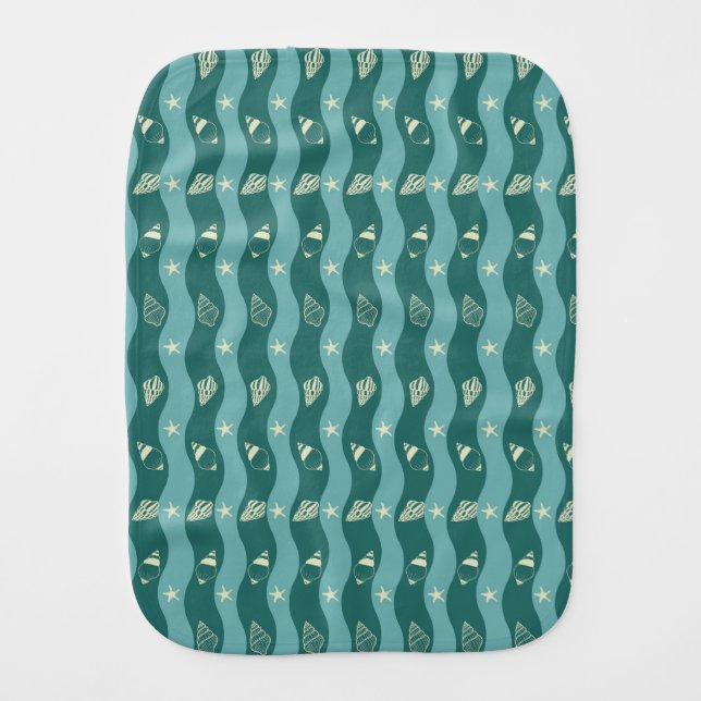 Deep Green Ocean Waves & Seashells Seamless Patter Baby Burp Cloth (Front)
