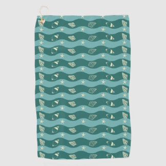 Deep Green Ocean Waves & Seashells Seamless Patter Golf Towel