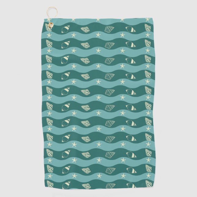 Deep Green Ocean Waves & Seashells Seamless Patter Golf Towel (Front)