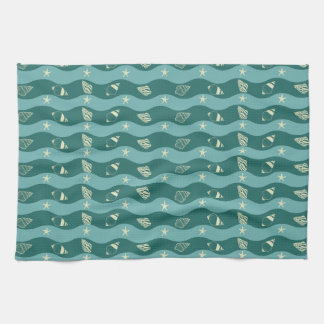 Deep Green Ocean Waves & Seashells Seamless Patter Kitchen Towel