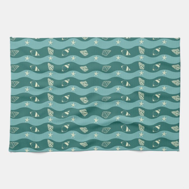 Deep Green Ocean Waves & Seashells Seamless Patter Kitchen Towel (Horizontal)