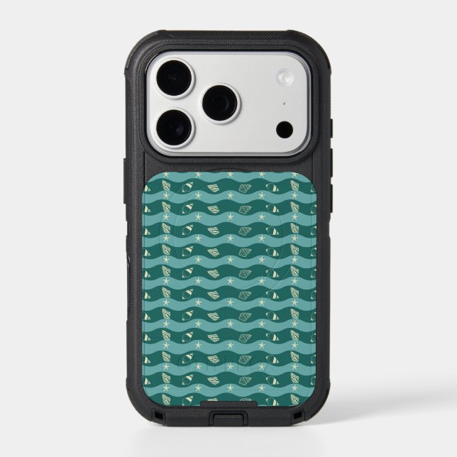 Deep Green Ocean Waves & Seashells Seamless Patter Otterbox iPhone Case (Back)