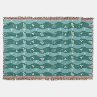 Deep Green Ocean Waves & Seashells Seamless Patter Throw Blanket