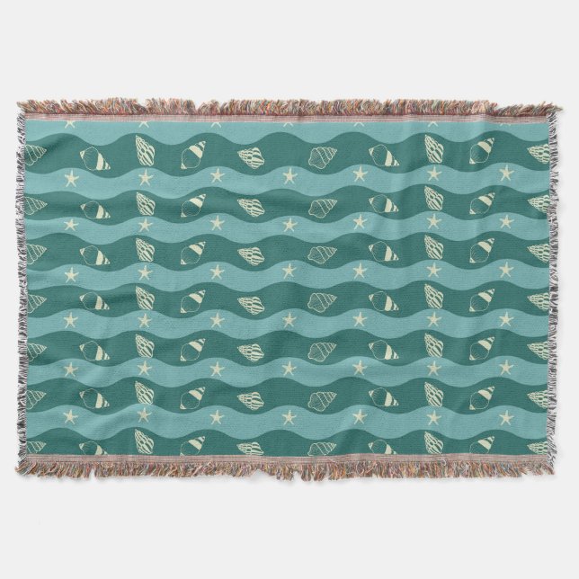 Deep Green Ocean Waves & Seashells Seamless Patter Throw Blanket (Front)