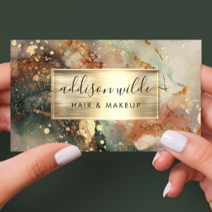 Deep Green Peach And Gold Watercolor Marble Business Card