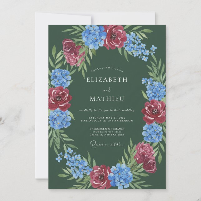 Deep Green Romantic Floral Wedding Invitation (Front)